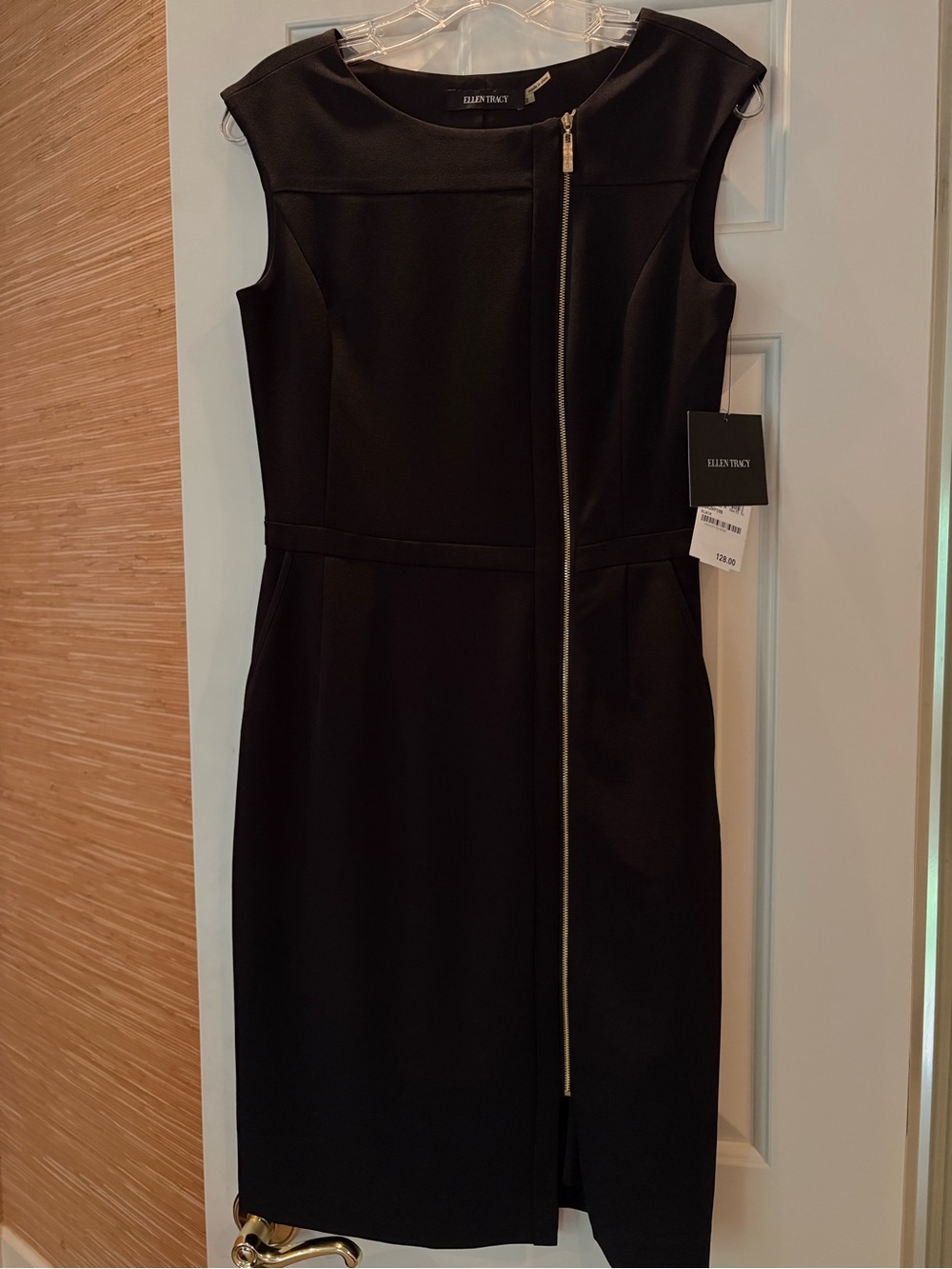 Ellen Tracy Black Sleeveless Sheath Dress with Asymmetric Zip